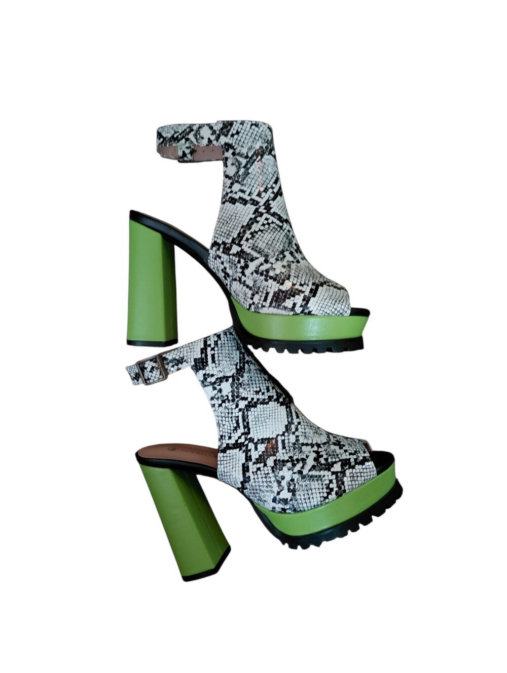 Newbella Snake-Print Blk/white Ankle Bootie Sandal Shoe Green Platform Heels  9